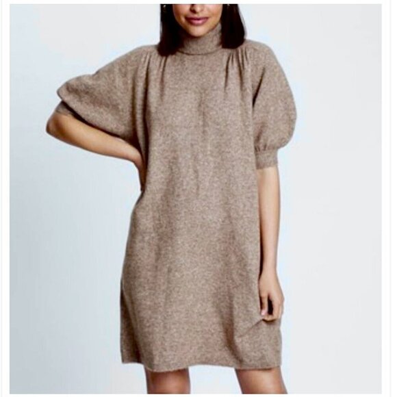 Zara Camel & Wool Blended Brown Turtleneck 3/4 Balloon Sleeve Sweater Dress Sz S - Picture 1 of 13